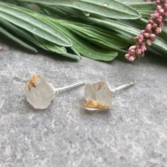 Estrella & Luna Jewelry - 🆕 New Raw Rutile Quartz Crystal Stud Gemstone Earrings, gold posts